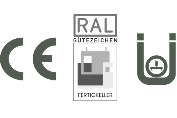 Zertifizierte Qualität beim Fertigkellerbau mit MB-Keller durch CE-Kennzeichnung, RAL Gütezeichen Fertigkeller und Ü-Zeichen für normgerechte Bauausführung